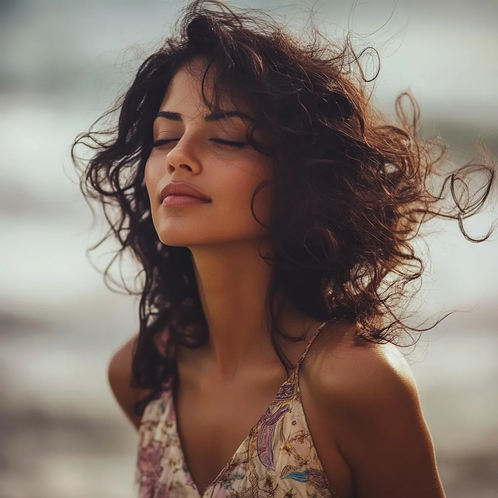 A young woman with long, dark, curly hair stands outdoors, eyes closed, her head tilted back slightly.  Her skin is tanned and her expression serene. She wears a light-colored, patterned camisole. The wind gently tousles her hair, creating a soft, ethereal mood. The background is blurred, suggesting a beach or coastal setting.