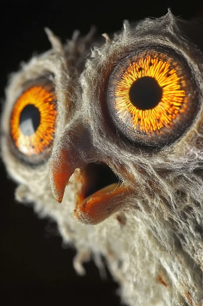 Close-up of an owl's face, seemingly crafted from a material resembling weathered fur or feathers.  Its large, bright orange eyes are striking against the muted tones of its plumage. The owl's beak is slightly open, giving it a surprised or slightly startled expression. The texture is highly detailed, emphasizing the aged or worn appearance of the subject. The background is black, enhancing the focus on the owl.