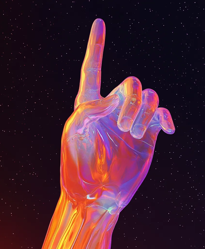 A vibrant, iridescent hand, rendered in a style reminiscent of glass or resin, points upwards against a dark, starry backdrop. The hand's index finger is extended, suggesting a gesture of direction or attention.  The colors shift between warm oranges and cool purples, creating a striking contrast against the deep black space. The image evokes a sense of otherworldliness and futuristic design.