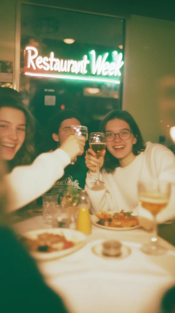 Three young women celebrate Restaurant Week.  They raise their wine glasses in a toast, seated at a table laden with food.  A neon Restaurant Week sign glows brightly in the background, adding to the festive atmosphere.  The image is warm and inviting, capturing a moment of friendship and enjoyment.