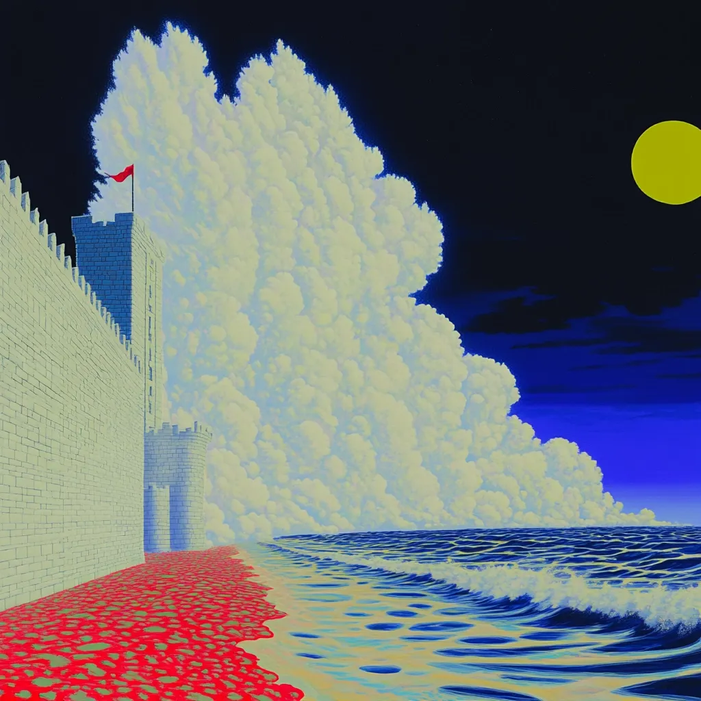 A surreal landscape depicts a towering, light-grey castle wall next to a sea with red, textured sand.  A massive, fluffy cloud formation dominates the scene, reaching from the castle to the dark blue sky, where a large yellow moon hangs.  A small red flag flies atop the castle. The style is reminiscent of fantasy or symbolic art.