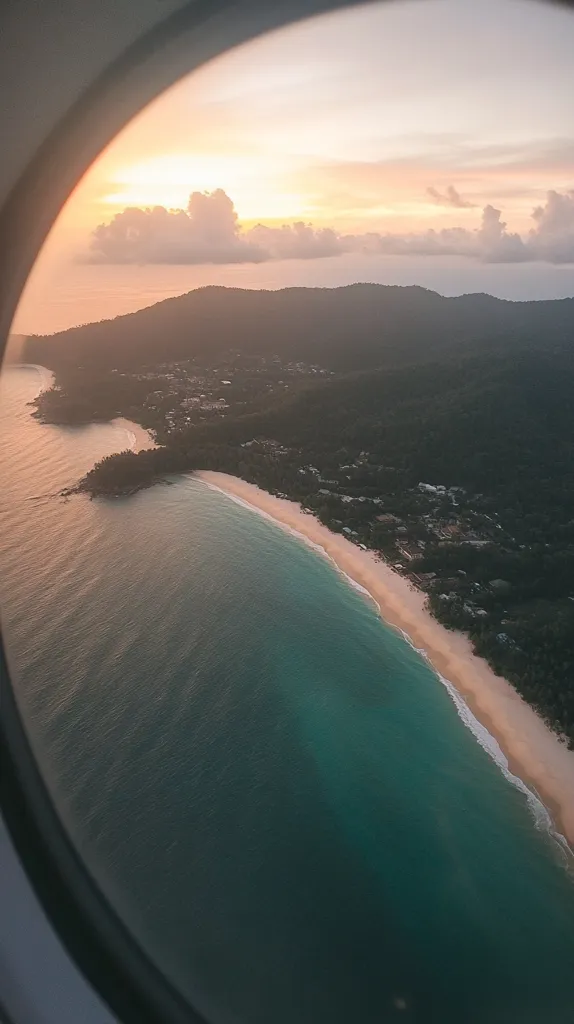 A breathtaking aerial view through an airplane window captures a secluded beach at sunset.  The turquoise water gently laps the sandy shore, curving along a lush, green coastline.  A warm, golden light illuminates the clouds in the sky above, creating a serene and picturesque scene.  The image evokes a sense of tranquility and the beauty of remote tropical locations.