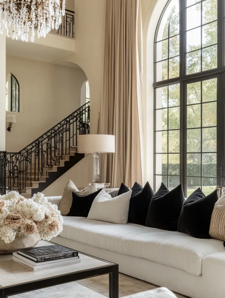 A luxurious living room features a long white sofa adorned with black and cream pillows.  A large arched window provides ample natural light, overlooking a lush green landscape.  A beige curtain drapes elegantly beside the window.  A grand staircase with an ornate iron railing is visible in the background, adding to the opulent atmosphere.  A coffee table displays a stack of art books, completing the sophisticated scene.  A bouquet of roses sits nearby.