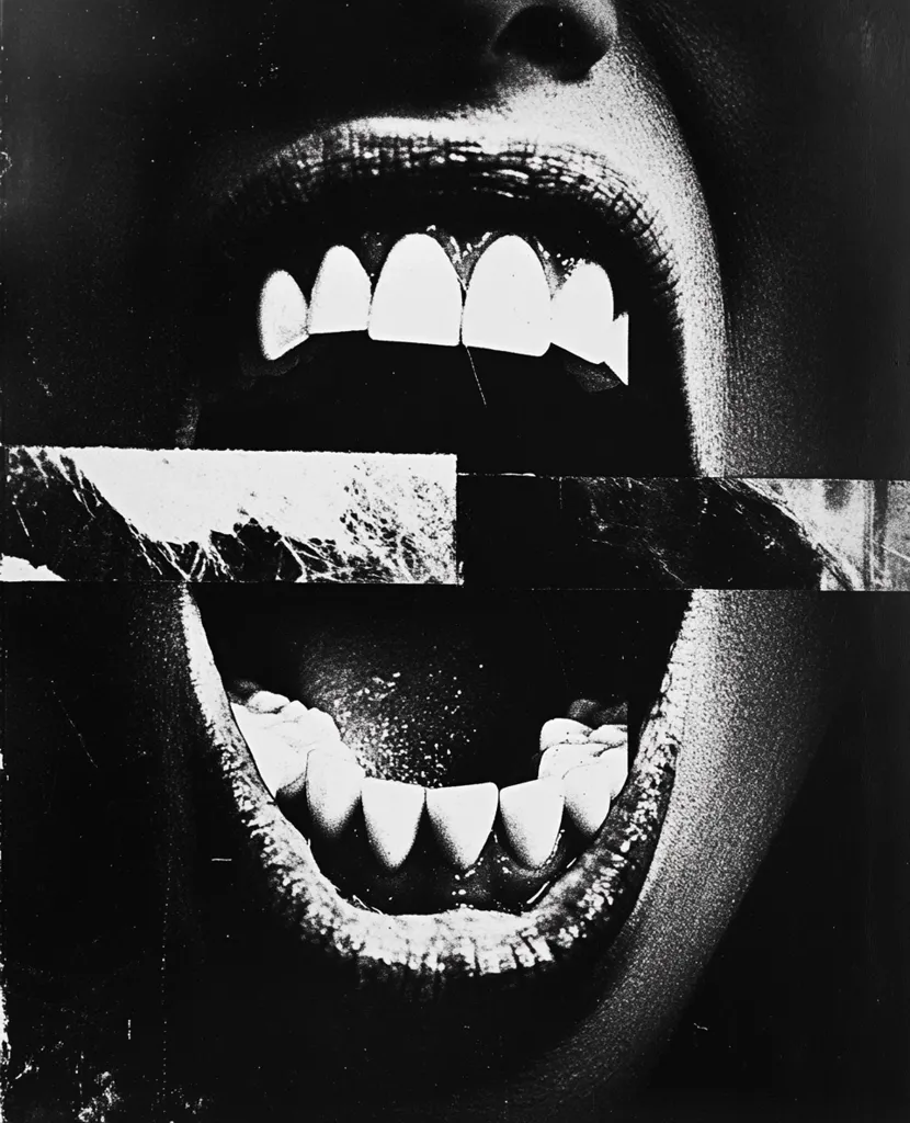A stark black and white image features a wide open mouth, teeth prominently displayed.  The lips are full and dark, contrasting with the bright white teeth. A textured, abstract horizontal band bisects the image, adding a layer of visual disruption and unease to the already intense central focus on the screaming mouth. The overall effect is gritty and unsettling.