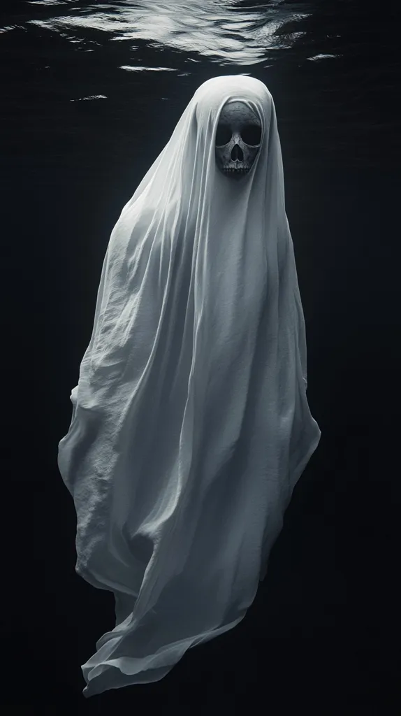 A ghostly figure, shrouded in a flowing white cloth, floats beneath the water's surface.  Only a skull is visible through the fabric, creating a chilling and ethereal image. The dark, underwater setting enhances the eerie atmosphere, suggesting a submerged specter or a haunting presence from the depths.  The grayscale palette contributes to the image's somber and mysterious tone.