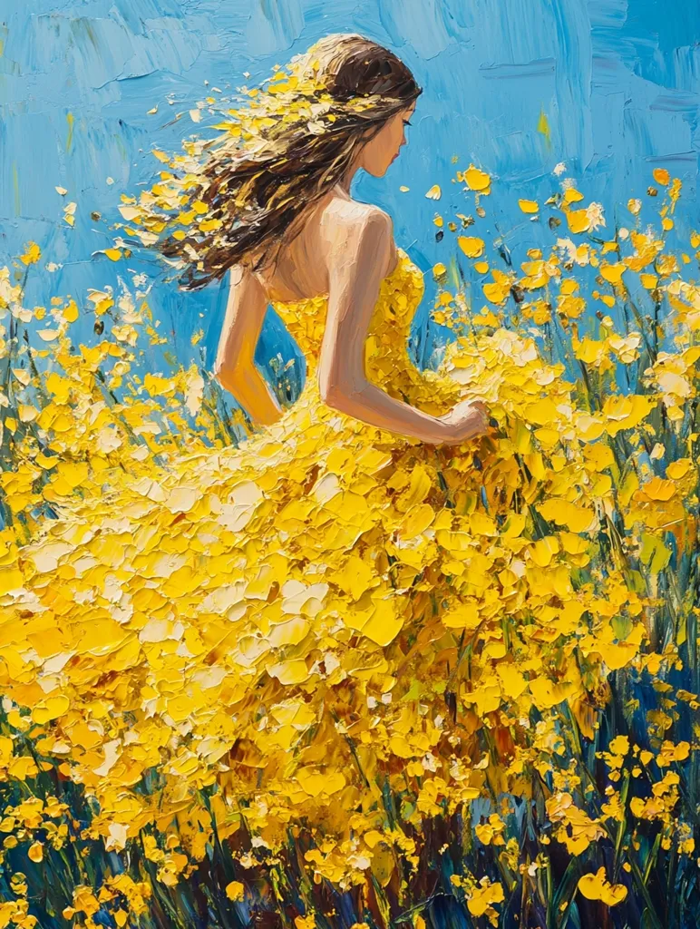 A vibrant oil painting depicts a young woman in a flowing yellow dress, standing amidst a field of bright yellow flowers. Her long brown hair blows in the wind, and her posture suggests a gentle movement through the blossoms.  The artist's impasto technique creates a textured, almost three-dimensional effect, emphasizing the lushness of the flowers and the dress. The background is a bright, sunny blue sky.
