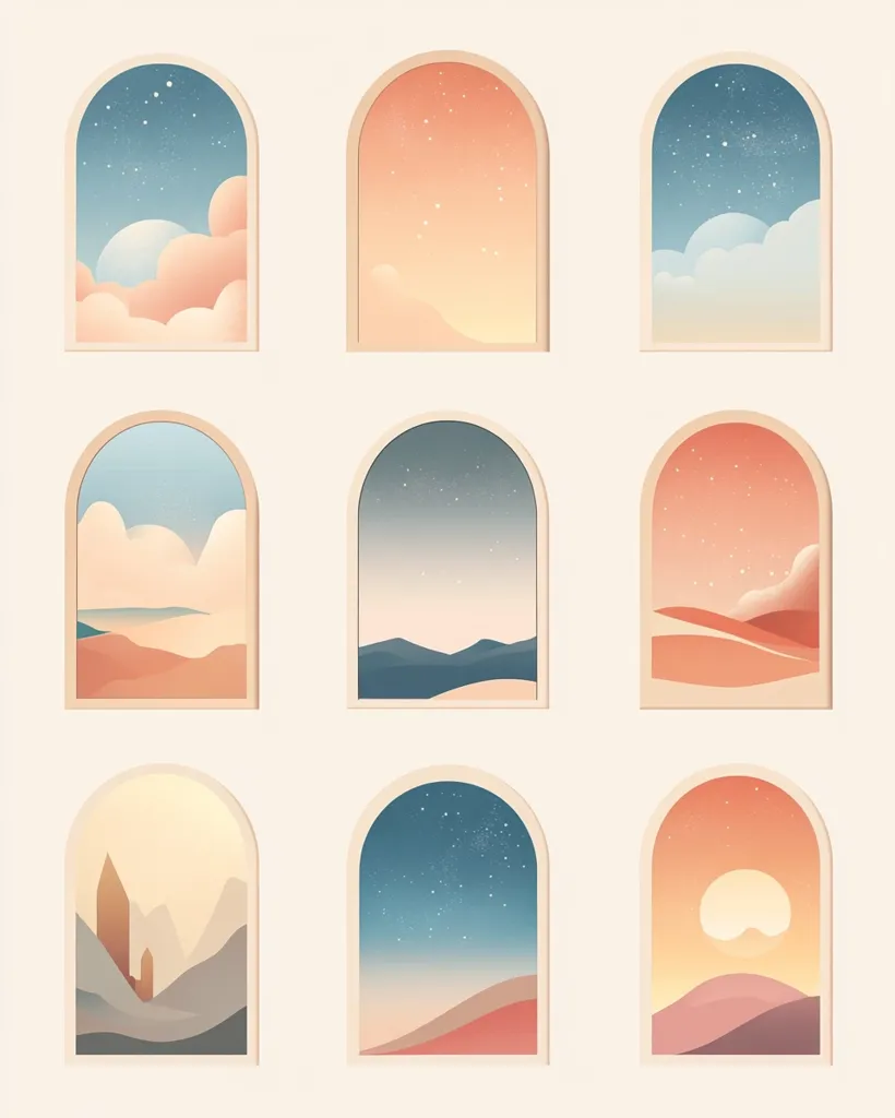 Nine arched windows showcase serene landscapes.  Pastel-colored scenes depict dreamy nightscapes with stars and clouds, sunrise over sandy dunes, and tranquil daytime views of mountains and hills. The minimalist style evokes a calming and peaceful atmosphere.  Each window offers a unique, soft-hued perspective.