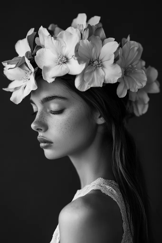 A black and white portrait of a young woman with freckles, her eyes closed serenely.  She wears a delicate lace top and a crown of large, light-colored flowers. Her long hair flows down her back, framing her face. The image is softly lit, creating a dreamy, ethereal mood.  The contrast between the dark background and the bright flowers emphasizes the woman's delicate beauty.
