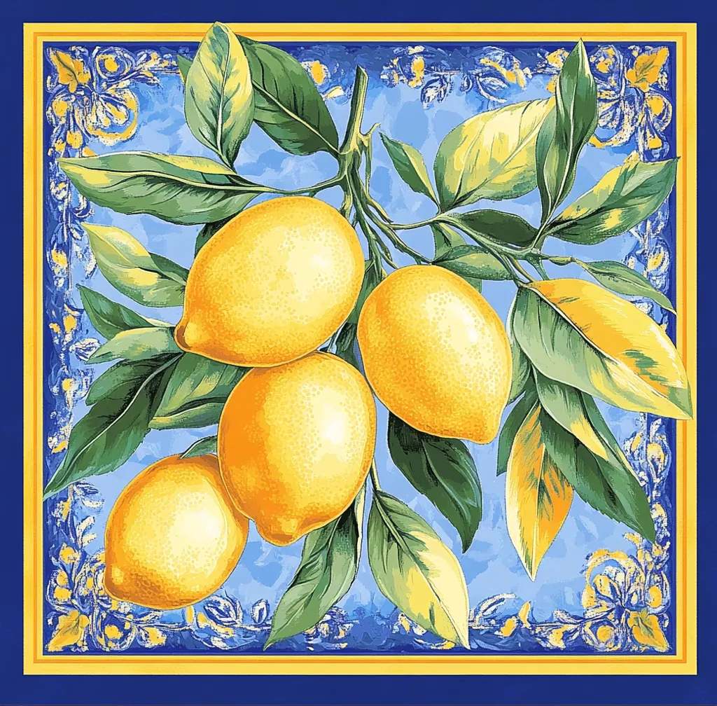 A vibrant illustration showcases a lemon branch laden with ripe, yellow lemons.  The detailed painting features lush green leaves and is framed by an ornate border in shades of blue and gold, reminiscent of Italian majolica tilework. The background is a light blue, enhancing the vividness of the lemons and foliage. The overall style is both realistic and decorative, suggesting a cheerful, Mediterranean aesthetic.