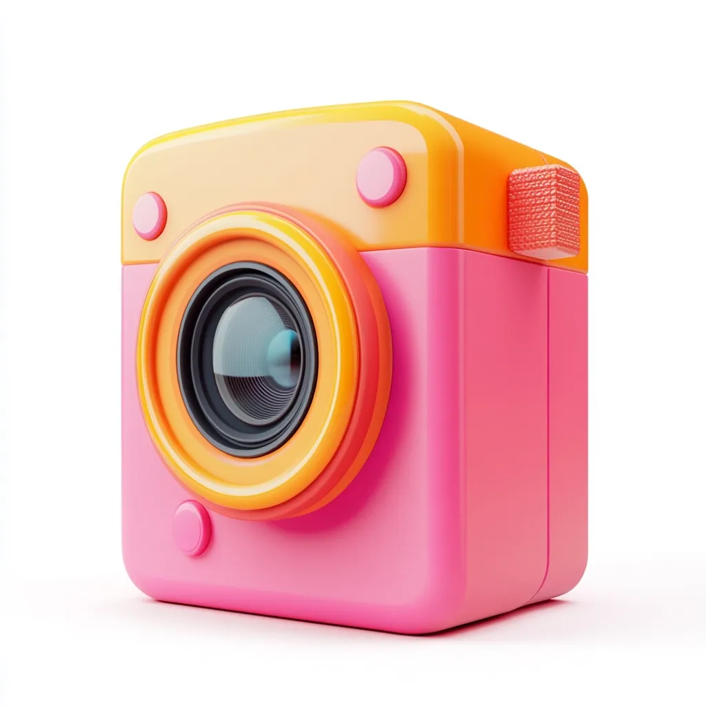 A vibrant pink and orange toy camera is presented against a stark white backdrop.  Its cartoonish design features a large, prominent lens surrounded by an orange ring.  Simple, rounded buttons accent the top and side.  A textured orange strap detail adds to its playful aesthetic. The camera is shown at a slight angle, highlighting its three-dimensional form.