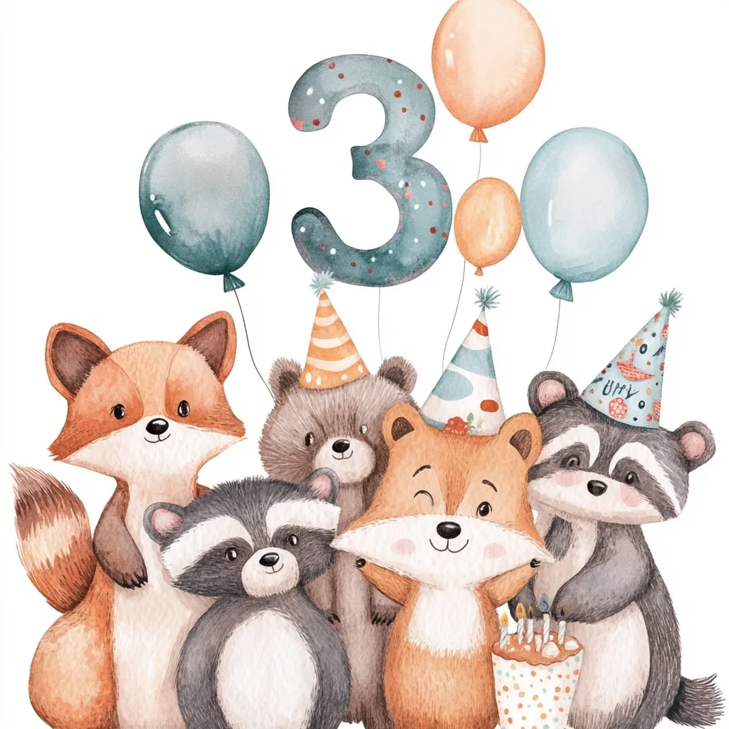 A watercolor illustration depicts a third birthday scene.  A large number "3" floats among pastel balloons above four adorable woodland animals: a fox, a bear, and two raccoons.  Each animal wears a party hat, and one raccoon playfully helps light the candles on a birthday cake. The style is cute and whimsical, perfect for a child's celebration.