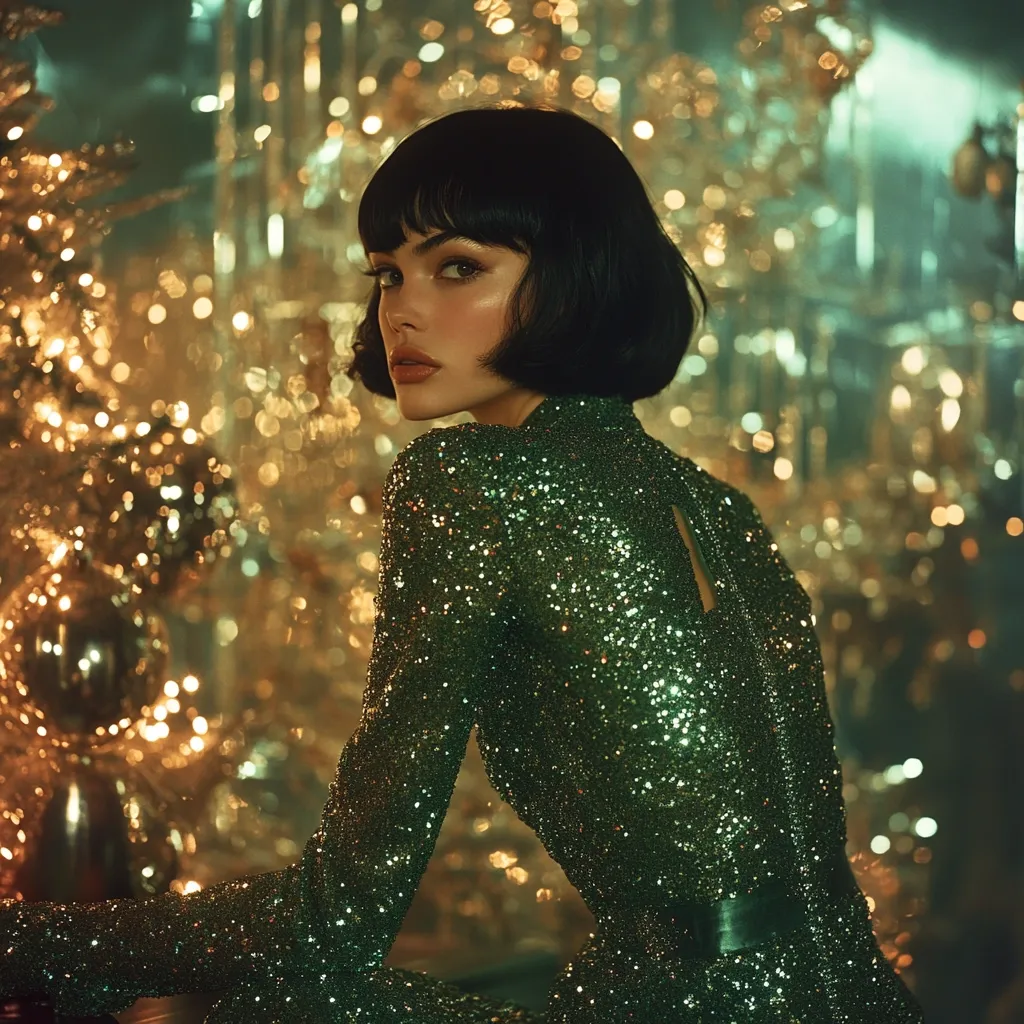 A woman with a chic bob haircut, wearing a dazzling emerald green sequined dress, sits elegantly against a backdrop of shimmering Christmas lights.  Her makeup is subtly glamorous, and her gaze is directed over her shoulder, creating a captivating and festive portrait. The overall mood is one of sophisticated holiday glamour.