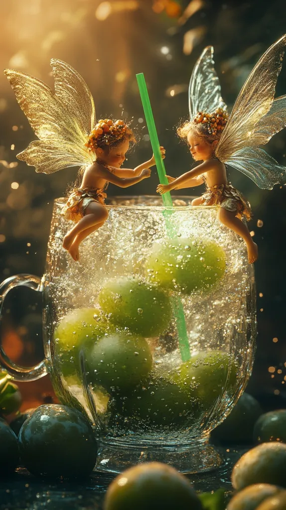 Two miniature fairies with delicate, golden wings playfully interact with a green-toned drink.  They are perched on the rim of a glass filled with bubbly liquid and green spheres, possibly plums or olives.  The scene is bathed in soft, warm light, creating a whimsical and enchanting atmosphere.  A green straw adds a touch of playful detail to the fantasy composition.