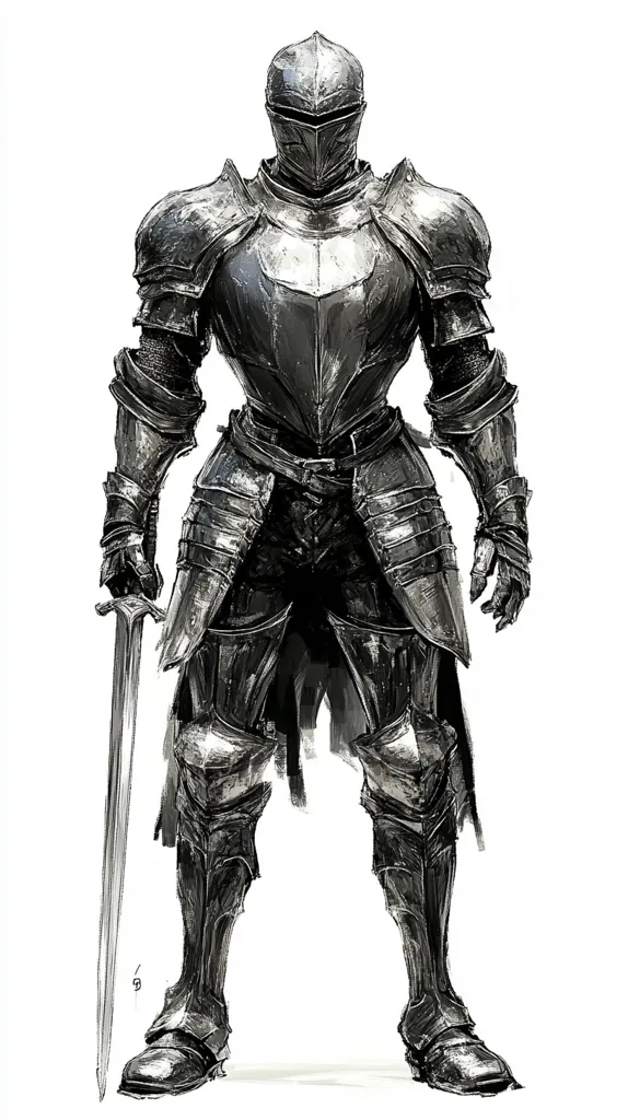 A grayscale illustration depicts a knight in full plate armor, standing with a long sword at his side. The armor is detailed, showing texture and shading. The knight's helmet obscures the face. The style is reminiscent of fantasy artwork, possibly from a video game or book. The background is plain white, emphasizing the knight's figure. The overall impression is one of power and stoicism.