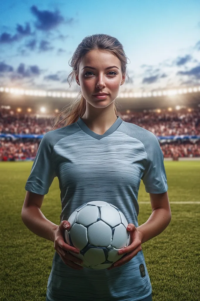 A young woman, a soccer player, stands confidently on a soccer field.  She's wearing a light grey jersey and holds a soccer ball gently in her hands. The stadium background is blurred but shows bright lights and a large crowd, suggesting a nighttime game or practice.  Her expression is serious and focused, conveying determination and readiness.