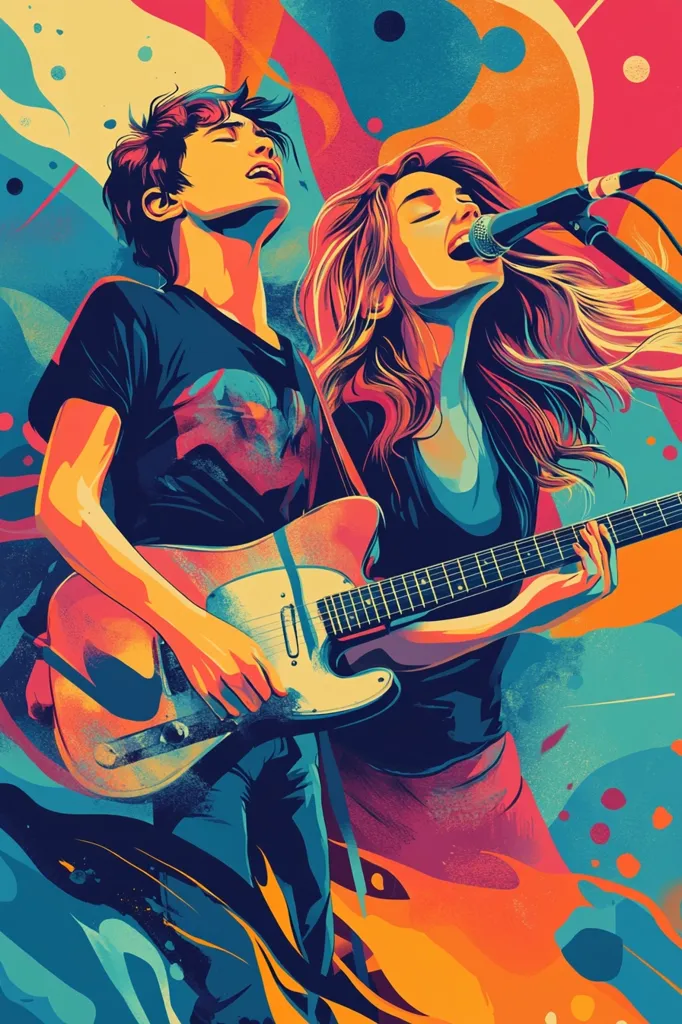 A vibrant, stylized illustration depicts a dynamic duo: a male guitarist and a female vocalist.  The guitarist, in a dark shirt, plays a bright electric guitar, while the singer passionately belts into a microphone, her long hair flowing.  Bold, colorful abstract shapes and splashes surround them, creating an energetic and expressive musical scene. The artwork's bold colors and dynamic composition convey raw emotion and musical intensity.