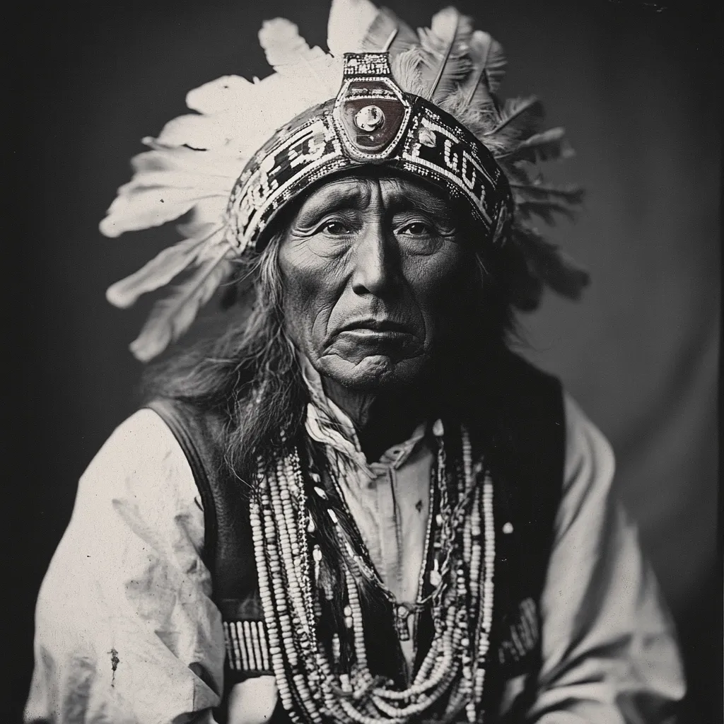 A striking black and white portrait captures an elderly Native American man.  He wears an ornate headdress adorned with feathers, and his face is etched with the wisdom of years.  Multiple strands of beaded necklaces drape his chest, adding to the gravitas of his appearance. The photograph's stark contrast and detailed textures highlight the subject's dignity and cultural heritage.