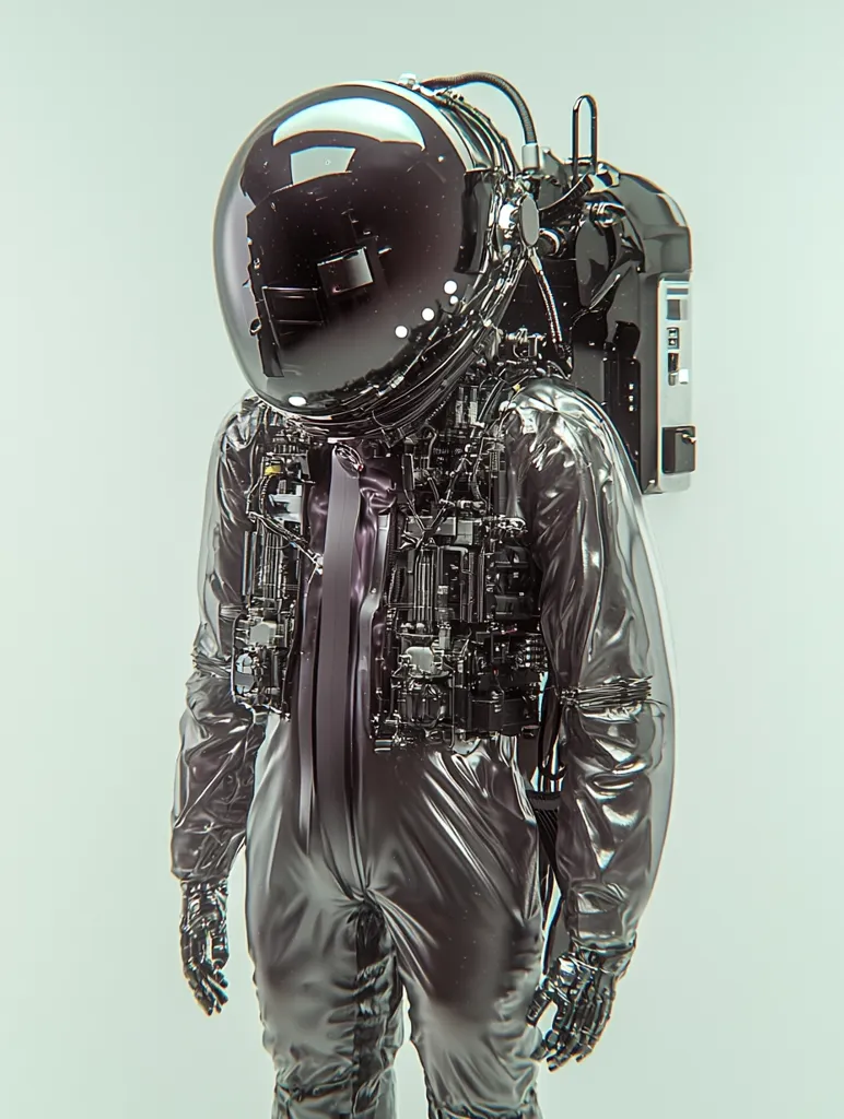 A futuristic astronaut stands against a muted background.  The spacesuit is sleek, dark, and seemingly constructed of a polished, metallic material.  Visible internal mechanisms and wiring add to the technological aesthetic. The helmet is reflective, obscuring the astronaut's face. The overall impression is one of advanced technology and an otherworldly exploration.