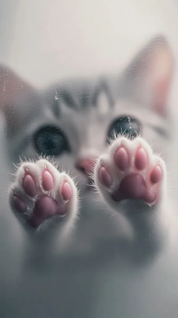 A close-up shows a cute kitten's paws pressed against a blurry glass surface.  The kitten's face is partially visible, its eyes large and expressive.  The pink paw pads are clearly seen, and its fur appears soft and white with gray markings. The overall image is soft and dreamy, giving a gentle and innocent impression.