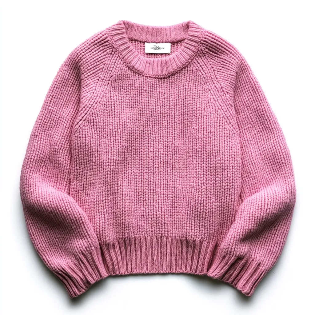 A pale pink, chunky knit crewneck sweater is displayed against a white background.  The sweater has raglan sleeves and a relaxed fit.  The knit is a textured rib stitch. A small, barely visible brand label is present at the neckline.  The overall aesthetic is simple and casual.