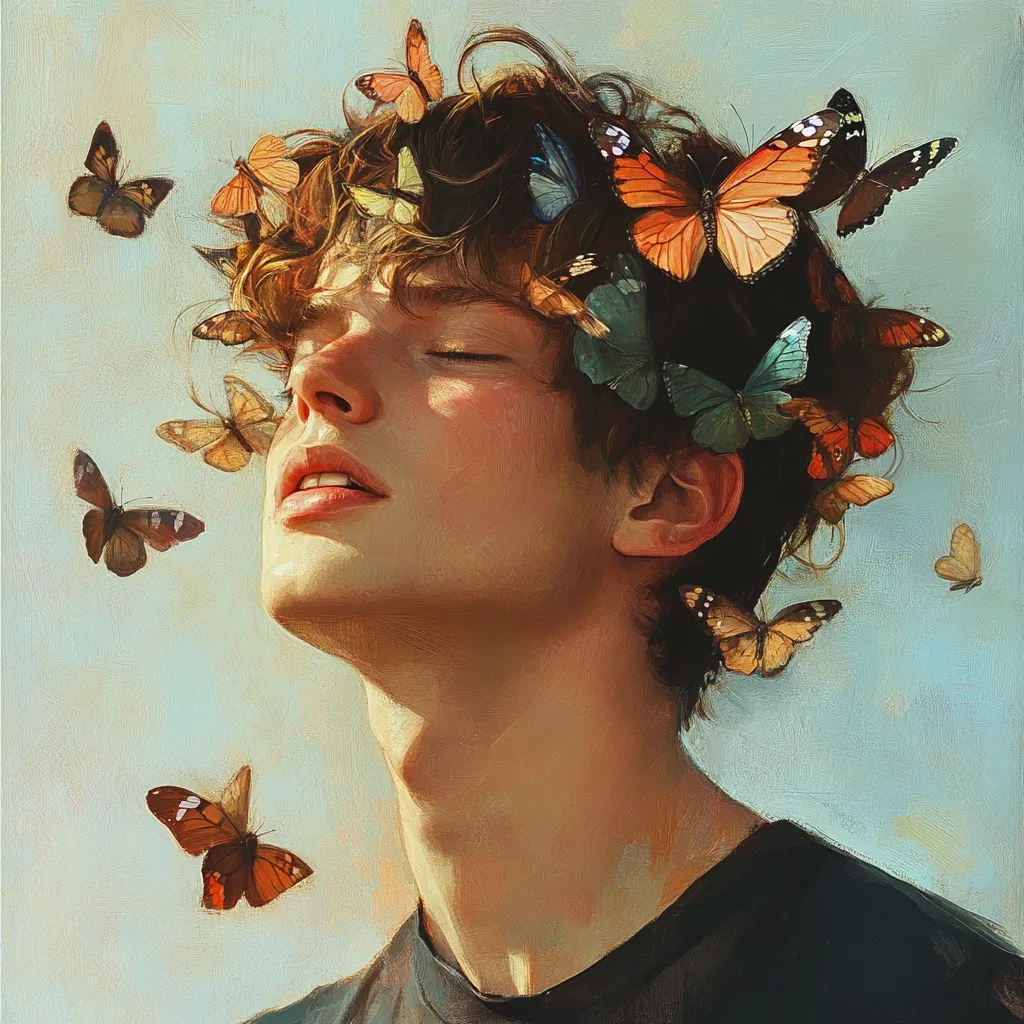 A young man with curly brown hair is depicted, his eyes closed serenely.  Numerous colorful butterflies, in various shades of orange, brown, and blue, appear to be nestled in his hair and fluttering around his head and shoulders. The style is painterly, with visible brushstrokes, creating a dreamy, ethereal atmosphere against a soft, light blue background.  The overall impression is one of peace and gentle beauty.