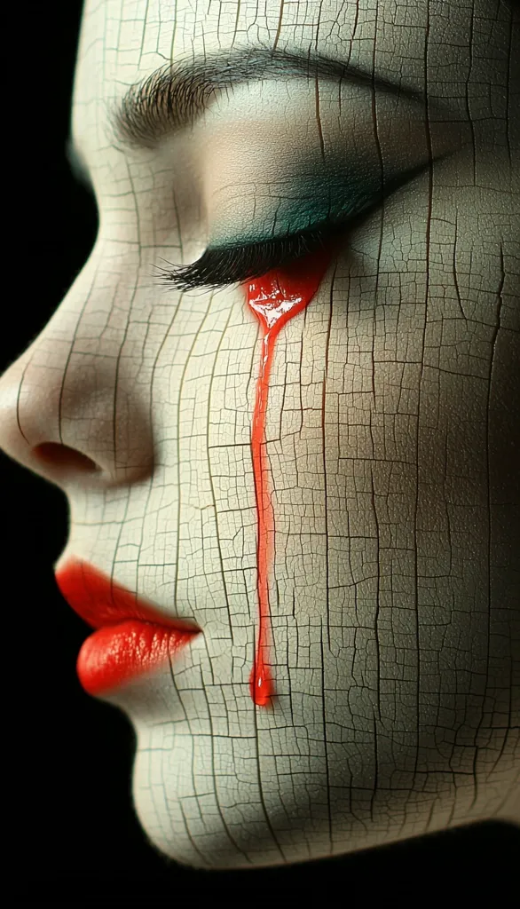 A close-up profile of a woman's face, artistically rendered to resemble cracked, aged skin.  Her eye is subtly closed, and a single crimson tear streaks down her cheek, contrasting with bright red lipstick. The overall effect is dramatic and evocative of pain or vulnerability.  The dark background emphasizes the pale, textured skin.