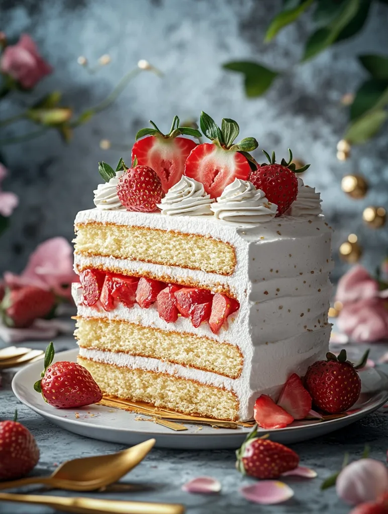 A delectable slice of strawberry cake takes center stage.  Layers of moist sponge cake are generously interspersed with fresh, juicy strawberries and creamy white frosting.  The top is adorned with more strawberries and delicate swirls of whipped cream, creating a visually stunning dessert.  The scene is elegantly styled with gold cutlery and pastel-colored floral accents, enhancing its luxurious appeal.