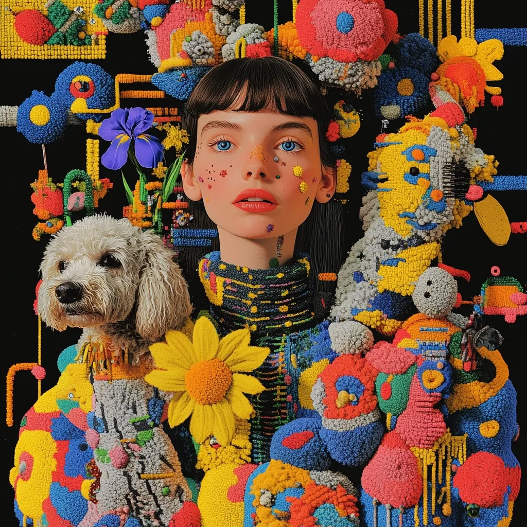 A young woman with dark bangs and blue eyes is surrounded by a vibrant, textured tapestry of colorful pom-poms and whimsical creatures.  She wears a dark, textured turtleneck.  A fluffy white dog sits beside her, nestled within the colorful, three-dimensional artwork.  The overall effect is one of playful surrealism and joyful chaos.