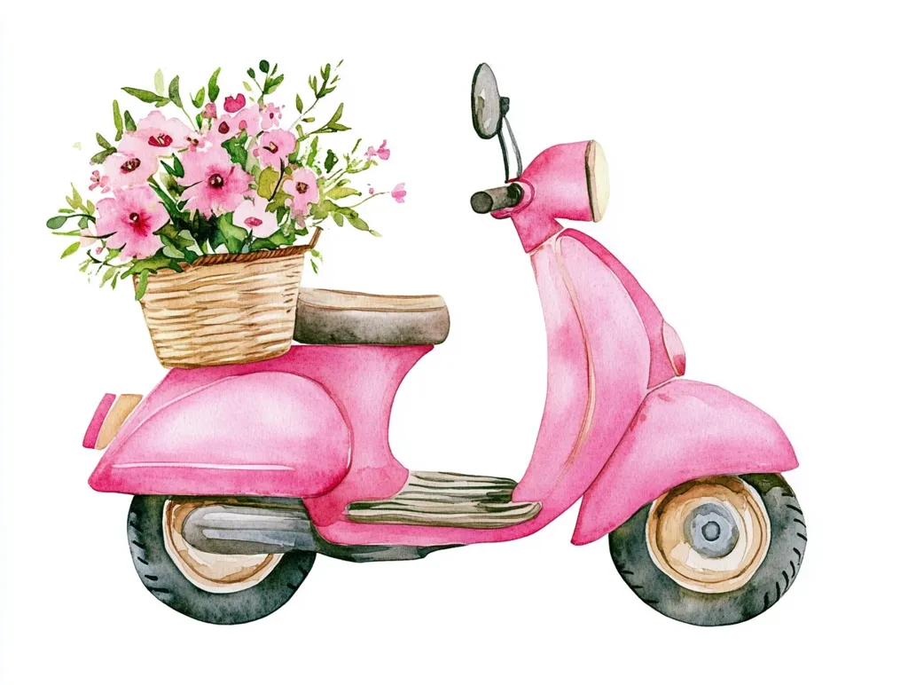 A watercolor painting depicts a charming pink scooter carrying a wicker basket overflowing with a bouquet of pink flowers.  The scooter is detailed, showing its classic design and slightly worn paint. The flowers add a touch of romantic whimsy to the image, suggesting a carefree and delightful journey.  The background is a clean white, making the scooter and flowers pop vividly.