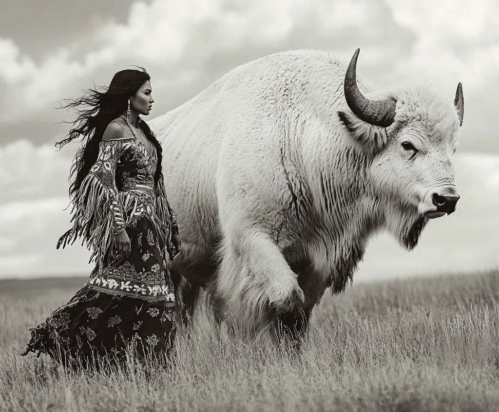 A black and white image depicts a Native American woman in traditional dress walking alongside a majestic white bison in a grassy field.  The woman's flowing gown and the bison's powerful presence create a striking contrast against the muted backdrop of the sky and prairie. The scene evokes a sense of strength, connection to nature, and the spiritual significance of the animals to indigenous cultures.