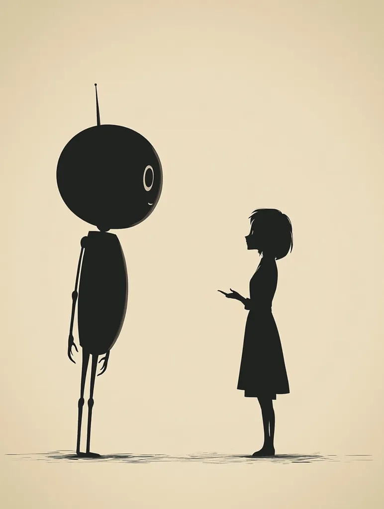 A minimalist illustration depicts a silhouetted robot and a girl facing each other. The robot, with a rounded head and antenna, stands tall and still. The girl, in a simple dress, gestures with her hands, seemingly in conversation with the robot. The neutral background accentuates the figures, creating a serene yet slightly mysterious scene.  The image suggests a connection between technology and humanity.