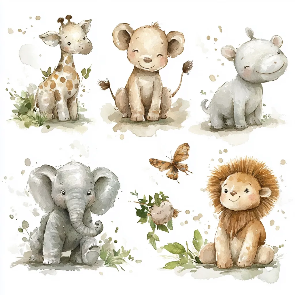 Six adorable watercolor safari animals are depicted: a giraffe, lion cub, hippo, elephant, and lion.  Each animal is presented individually, sitting amidst simple greenery and water-colored splatters. A butterfly adds to the whimsical, child-like aesthetic of the illustration. The style is soft and charming, suitable for children's products or decorations.