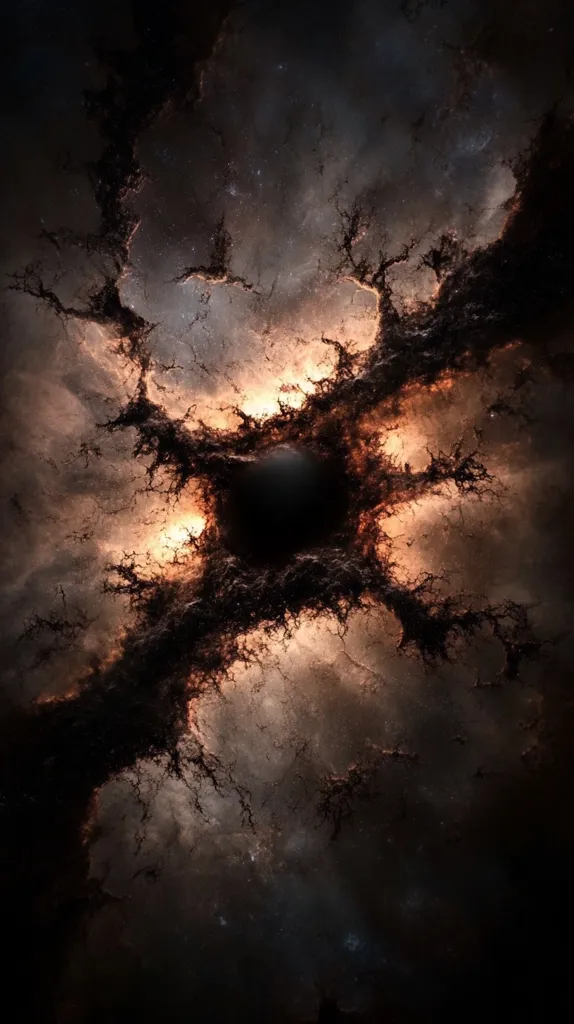 A dark, cosmic nebula dominates the image, its tendrils of gas and dust swirling around a central, black void.  Orange and gold hues illuminate the edges of the nebula, creating a stark contrast against the dark core.  The texture is intricate and chaotic, suggesting immense cosmic forces at play. The overall impression is one of mystery and the vastness of space.