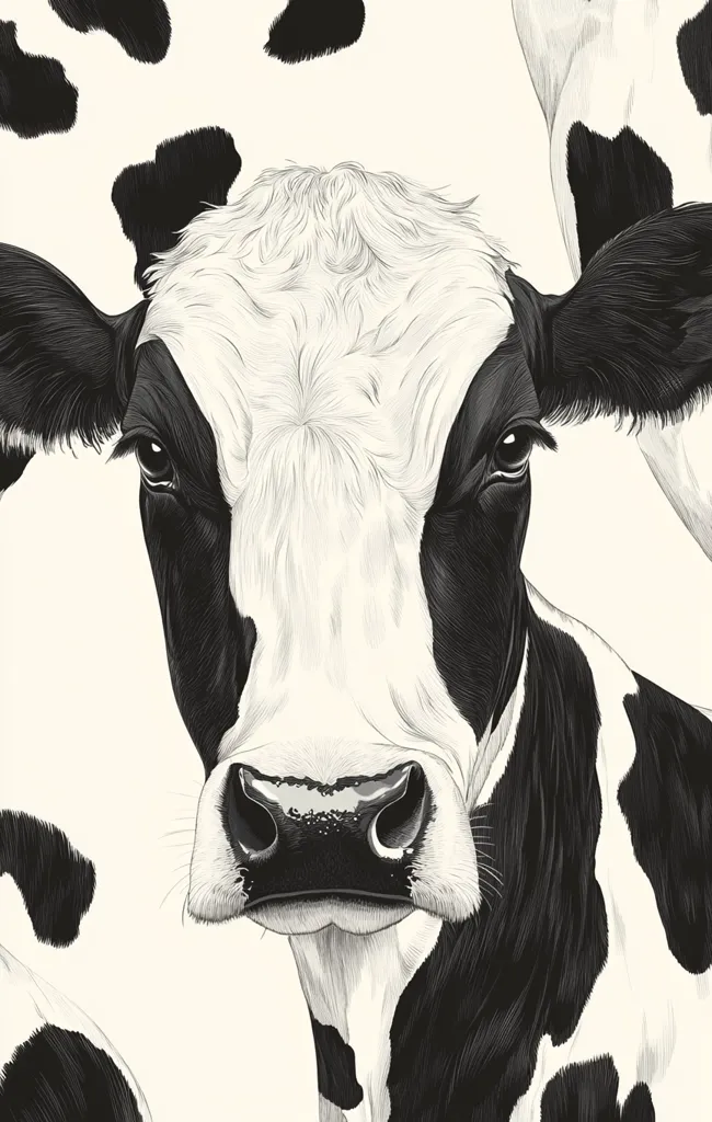 A detailed black and white illustration of a cow's face. The cow is depicted in a realistic style, with its fur meticulously rendered in shades of gray.  The cow's eyes are expressive, and its features are clearly defined.  The background is a simple off-white, allowing the cow to be the clear focal point.  Parts of other cows are visible in the corners, suggesting a pattern or repeating design.