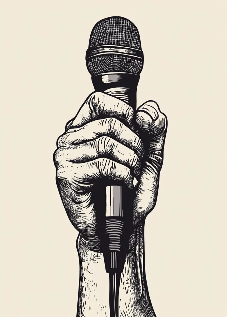 A detailed hand-drawn illustration depicts a hand firmly gripping a microphone.  The style is reminiscent of woodblock prints, with strong lines and shading creating texture and depth. The hand is realistically rendered, emphasizing the strength of the grip. The microphone is centrally positioned, suggesting a moment of performance or speech. The overall image evokes power and presence.