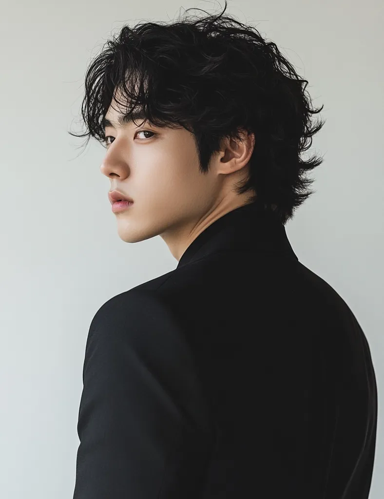 A young man with dark, wavy hair styled in a layered cut, is captured in a profile view. His gaze is directed away from the camera, creating a sense of mystery. He's dressed in a simple, black collared shirt, adding to his sophisticated and somewhat brooding aesthetic. The background is a minimalist, light gray, allowing his features and hairstyle to be the focal point of the image.  His expression is serene, and his overall appearance is clean-cut and fashionable.