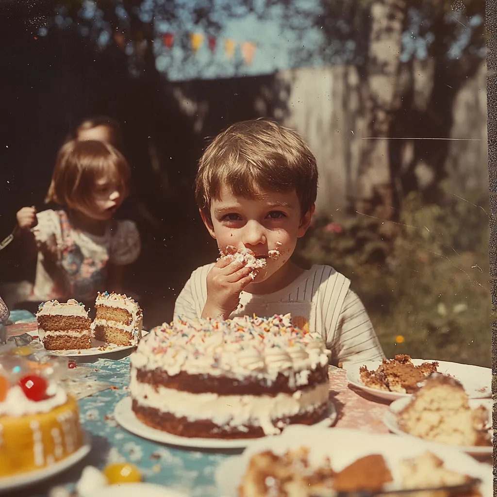 A young boy, face smeared with frosting, enthusiastically eats a large, decorated birthday cake outdoors.  A second child is visible in the background, also at the birthday party.  Numerous cakes and slices are on a table, suggesting a celebratory gathering. The scene is captured in a vintage, slightly faded photograph, evoking a sense of nostalgia.
