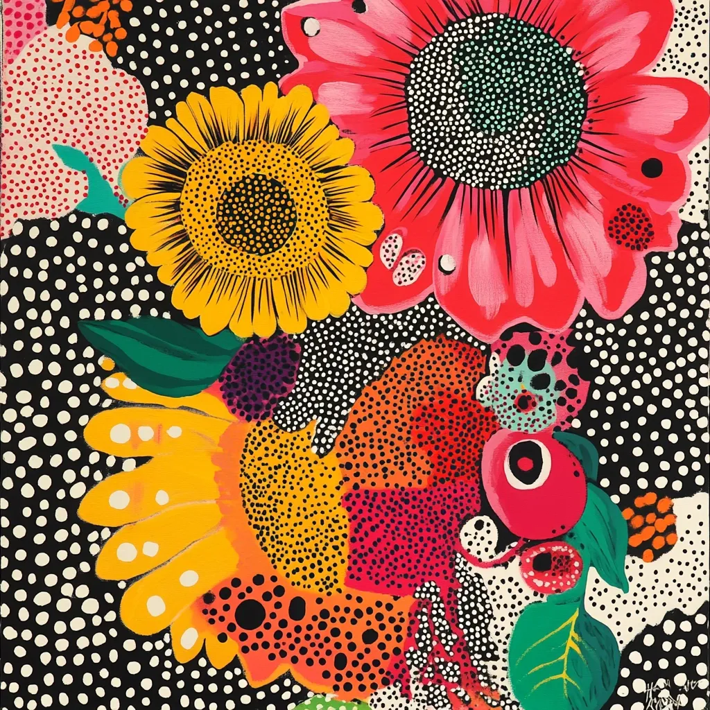 A vibrant, colorful painting features a profusion of stylized flowers and polka dots on a black background.  Sunflowers in bright yellow and pink blossoms dominate the composition, interspersed with smaller, organically shaped flowers and leaves.  The bold colors and playful polka dot pattern create a cheerful and energetic artwork.  The style suggests a playful take on floral themes, with a focus on bold colors and patterns.