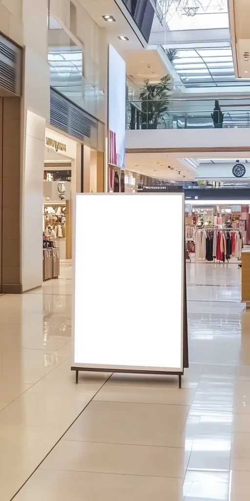 A large, blank, freestanding advertising sign stands in a bright, modern shopping mall.  The sign is positioned in a spacious hallway with polished floors, reflecting the mall's architecture.  Stores with clothing and other merchandise are visible in the background, showcasing the bustling atmosphere of the mall.  The overall impression is one of clean lines, bright lighting, and ample space.