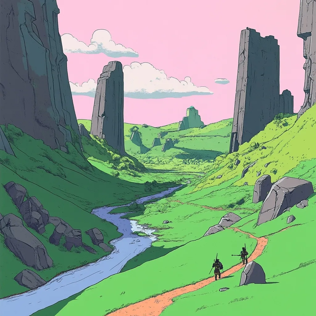 Two figures trek along a winding path nestled in a vibrant green valley.  A tranquil river meanders through the landscape, flanked by rolling hills and towering, imposing rock formations. The sky is a soft, pale pink, accentuating the surreal, almost dreamlike quality of the scene.  The overall style is reminiscent of stylized fantasy artwork.