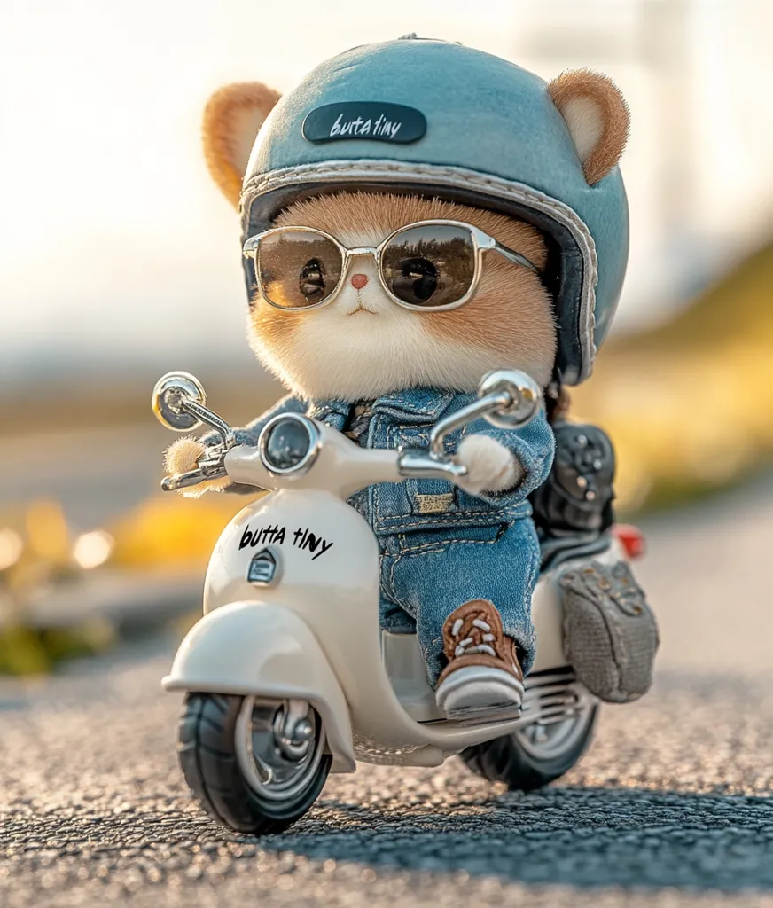 An adorable fluffy cat, wearing a denim jacket, sunglasses, and a blue helmet, sits on a cream-colored scooter.  The scooter and helmet are labeled "Butta Tiny."  The cat's expression is serene as it enjoys a leisurely ride down a sun-drenched road. The image is highly stylized, appearing as a digitally created artwork.