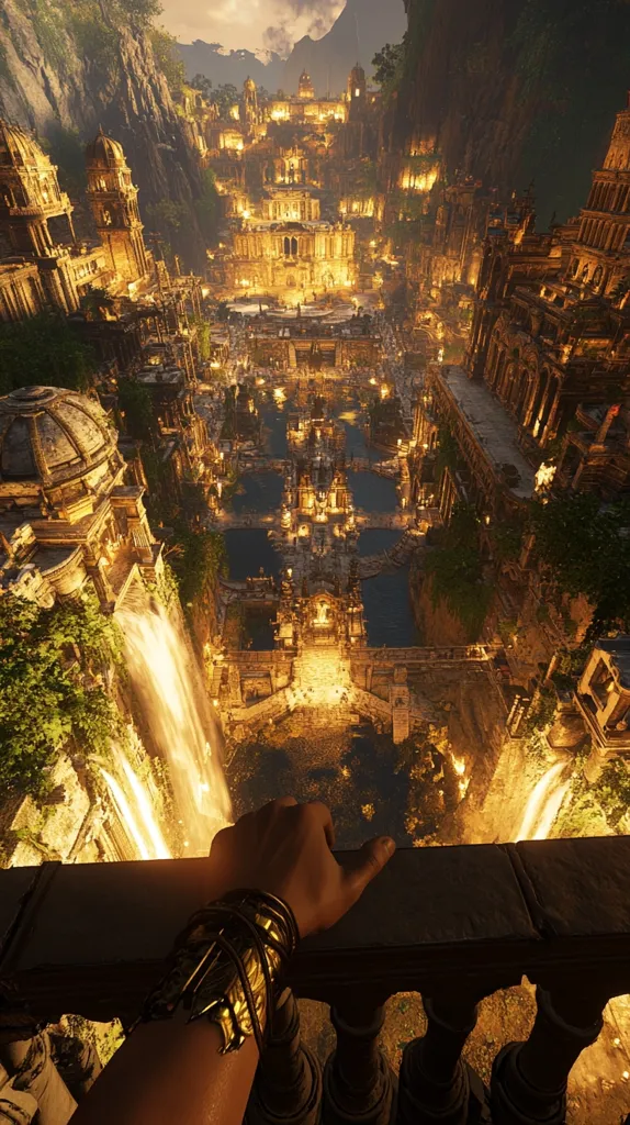 A breathtaking view of a golden city nestled within a lush, mountainous landscape.  Waterfalls cascade down rocky cliffs, illuminating the ancient structures below.  The city, lit by warm, ambient light, appears to be built into the cliffs, creating a dramatic and awe-inspiring scene. A hand, adorned with a gold bracelet, rests on a stone balustrade, offering a first-person perspective to the viewer.