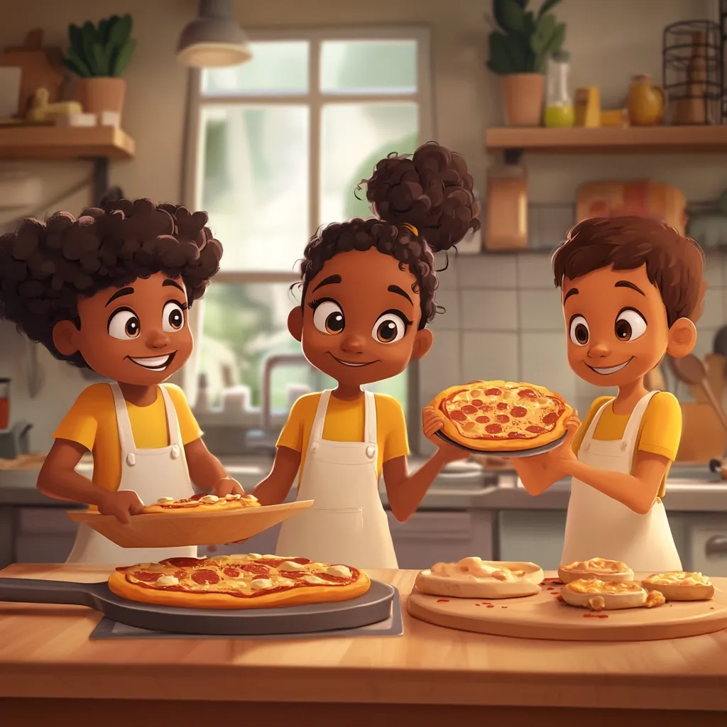 Three adorable cartoon children, two girls and a boy, joyfully prepare pizzas in a bright kitchen.  They wear yellow shirts and white aprons, showcasing freshly baked pizzas and additional pizza toppings. The scene is cheerful and depicts a fun family cooking experience.  The artwork is vibrant and detailed, emphasizing the children's delight.
