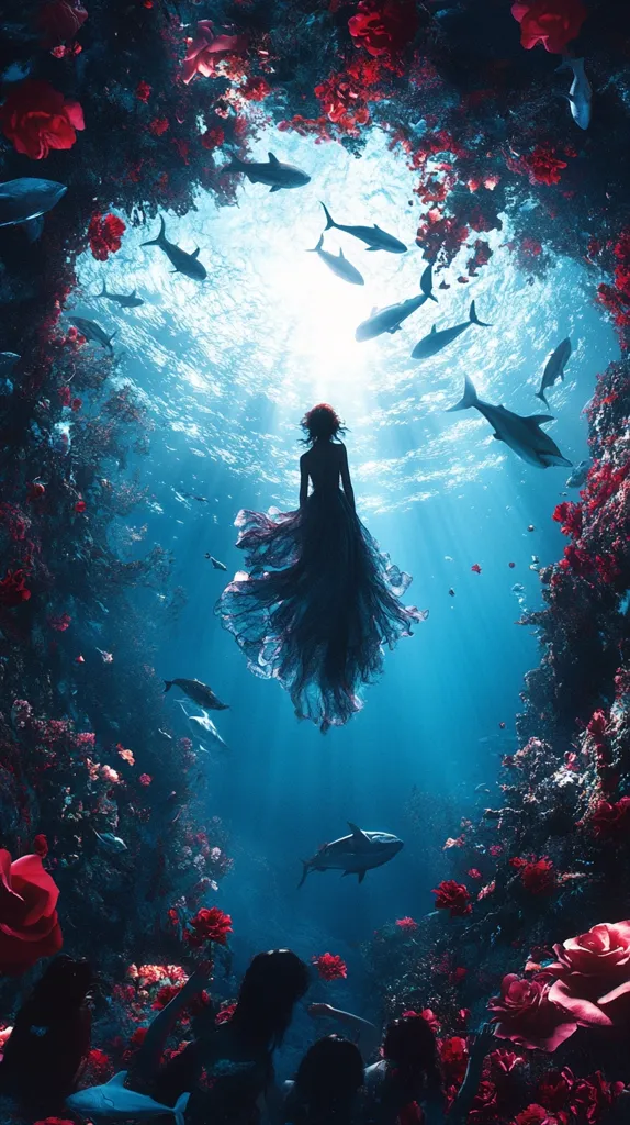 A surreal underwater scene depicts a woman in a flowing dark gown descending into the ocean depths.  Surrounding her are numerous sharks swimming gracefully, and vibrant red roses bloom from the ocean floor, creating a mystical and dreamlike atmosphere.  The contrast between the dark figure, the bright water, and the vivid flowers is striking.  Other figures, silhouetted, are visible at the bottom of the frame, observing the scene.