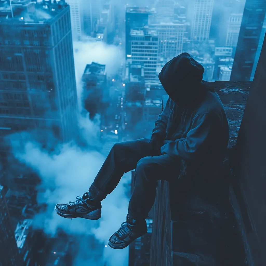 A person in a dark hoodie sits on the edge of a skyscraper, legs dangling precariously.  The city below is shrouded in blue mist, creating a moody and atmospheric scene.  The individual's face is obscured, adding to the sense of mystery and solitude.  The overall image evokes feelings of contemplation and urban isolation.