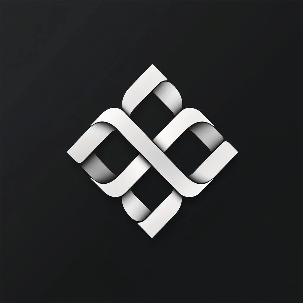 A minimalist logo design features a diamond-shaped emblem composed of interwoven, light grey ribbons against a stark black background.  The ribbons create a sense of depth and complexity, suggesting interconnectedness or infinity. The overall style is sleek and modern, suitable for a corporate or technological brand.
