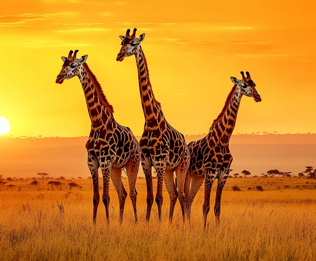 Three giraffes stand together in a golden savanna at sunset.  The warm hues of the setting sun illuminate the tall, graceful animals, their distinctive patterns clearly visible against the vibrant background.  The scene evokes a sense of tranquility and the beauty of the African landscape.  The giraffes are positioned closely, suggesting companionship or a family unit.