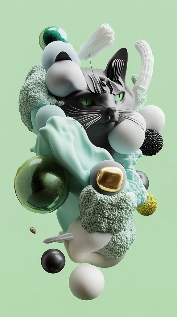A 3D rendering showcases a black cat's head subtly embedded within an abstract composition.  Pastel-colored, organic shapes and spheres, some textured, others smooth, surround the cat.  The overall palette is soft and muted, with hints of gold and dark grey contrasting the lighter tones. The image evokes a dreamlike, surreal atmosphere.