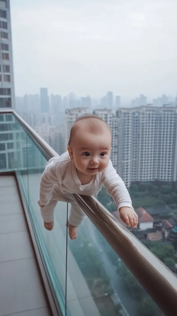 An adorable baby in a white onesie crawls along a balcony railing, gazing out at a sprawling cityscape.  The city stretches out before the child, a hazy view of tall buildings and distant structures. The baby's curious expression and the dramatic backdrop create a captivating image.