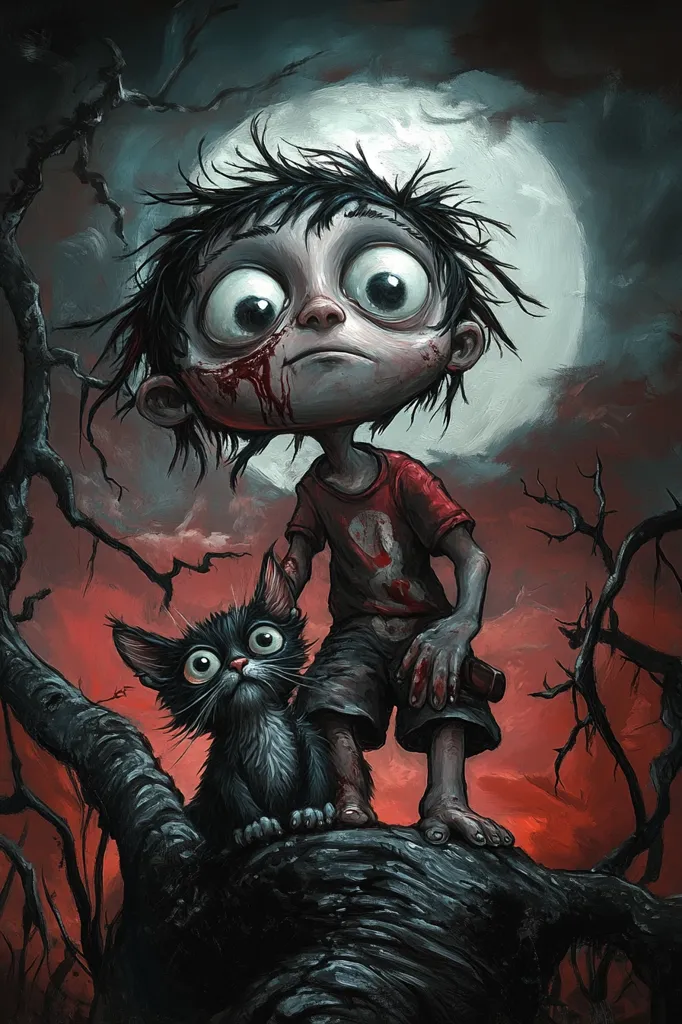 A stylized illustration depicts a young boy, his face bloodied, standing on a gnarled tree branch beneath a large moon.  He has oversized eyes and dark, messy hair. A small, wide-eyed black kitten sits beside him. The background is a dark, ominous landscape with bare, twisted branches against a reddish-orange sky, creating a gothic and unsettling atmosphere. The overall style is dark fantasy or horror-themed.